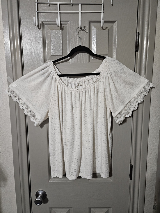 Cato Tops - Cato White Off-Shoulder Eyelet Lace Sleeve Blouse